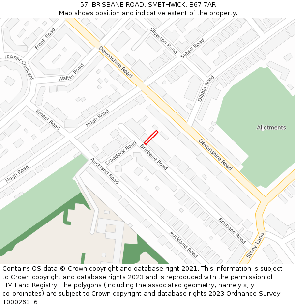 57, BRISBANE ROAD, SMETHWICK, B67 7AR: Location map and indicative extent of plot