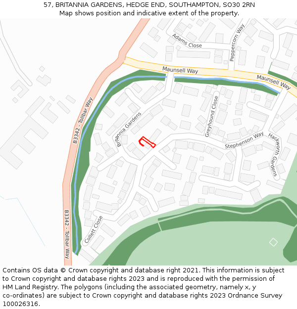 57, BRITANNIA GARDENS, HEDGE END, SOUTHAMPTON, SO30 2RN: Location map and indicative extent of plot