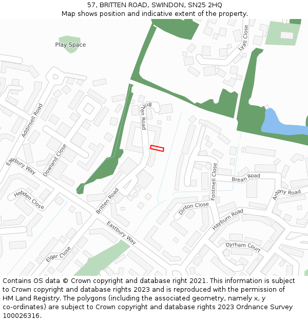 57, BRITTEN ROAD, SWINDON, SN25 2HQ: Location map and indicative extent of plot