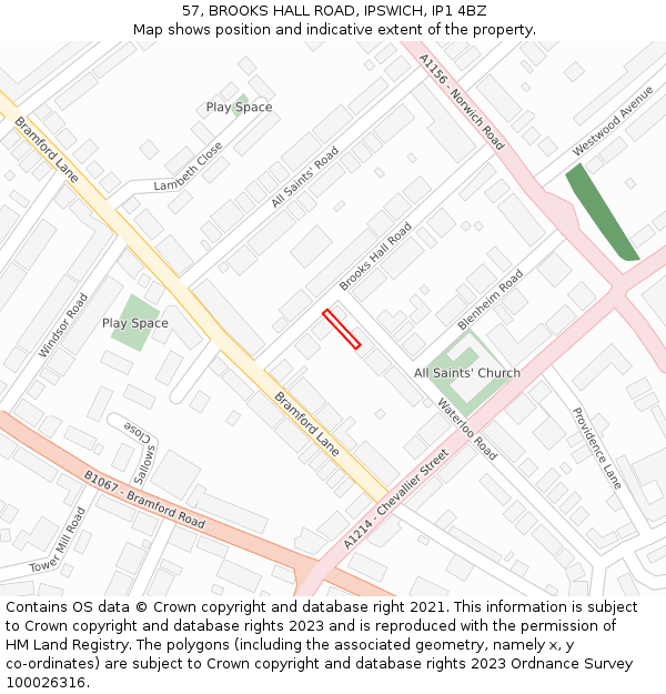 57, BROOKS HALL ROAD, IPSWICH, IP1 4BZ: Location map and indicative extent of plot
