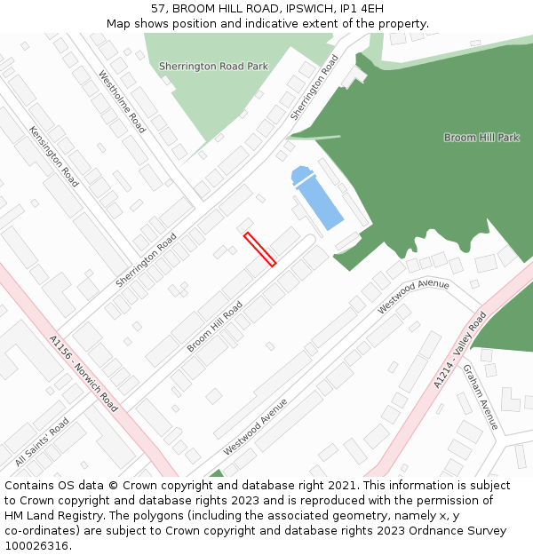 57, BROOM HILL ROAD, IPSWICH, IP1 4EH: Location map and indicative extent of plot