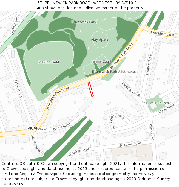 57, BRUNSWICK PARK ROAD, WEDNESBURY, WS10 9HH: Location map and indicative extent of plot