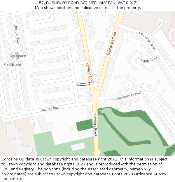 57, BUSHBURY ROAD, WOLVERHAMPTON, WV10 0LZ: Location map and indicative extent of plot