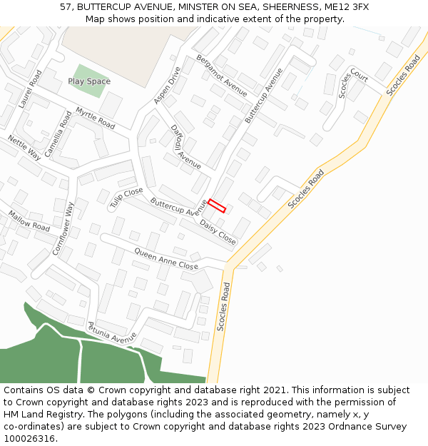 57, BUTTERCUP AVENUE, MINSTER ON SEA, SHEERNESS, ME12 3FX: Location map and indicative extent of plot