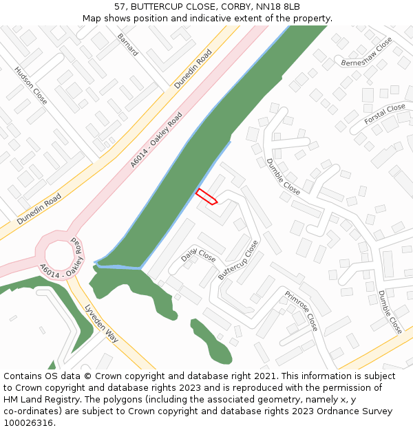 57, BUTTERCUP CLOSE, CORBY, NN18 8LB: Location map and indicative extent of plot