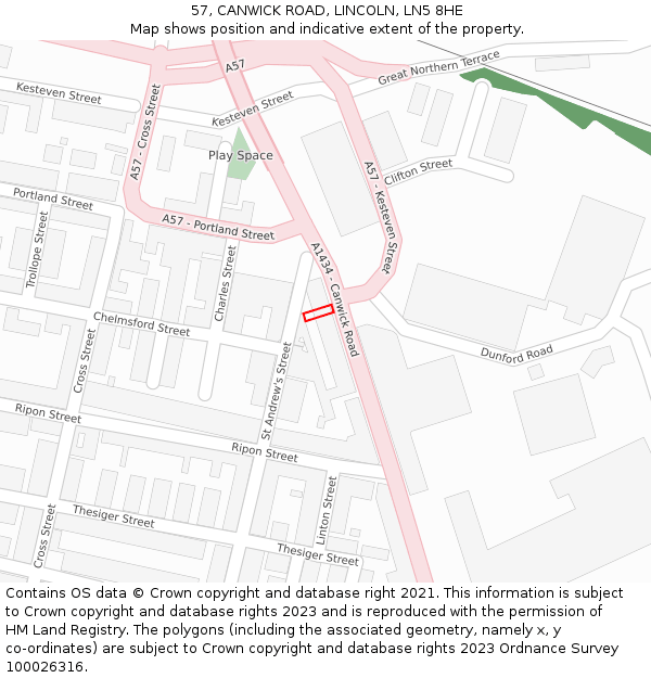 57, CANWICK ROAD, LINCOLN, LN5 8HE: Location map and indicative extent of plot