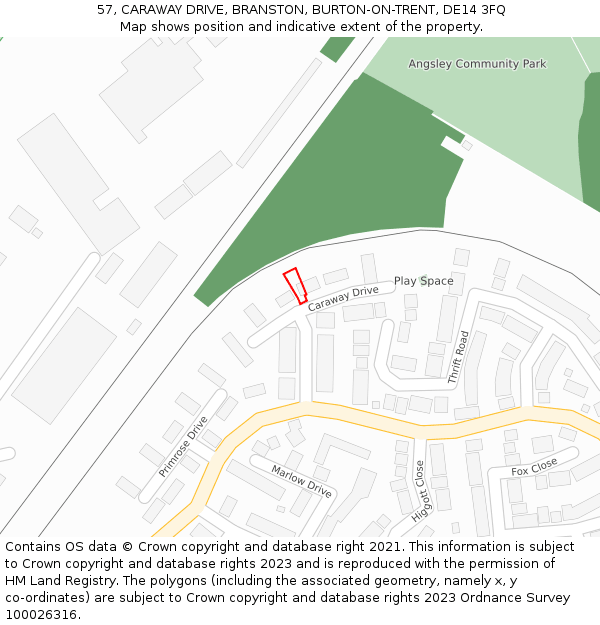 57, CARAWAY DRIVE, BRANSTON, BURTON-ON-TRENT, DE14 3FQ: Location map and indicative extent of plot