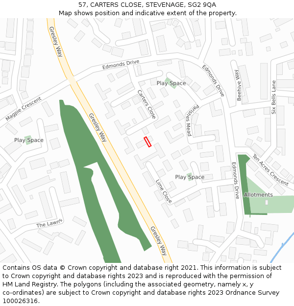 57, CARTERS CLOSE, STEVENAGE, SG2 9QA: Location map and indicative extent of plot