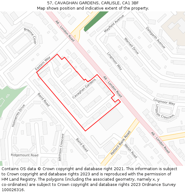 57, CAVAGHAN GARDENS, CARLISLE, CA1 3BF: Location map and indicative extent of plot
