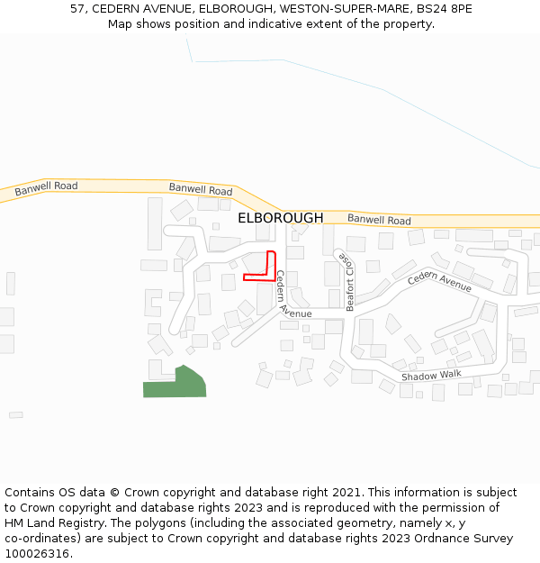 57, CEDERN AVENUE, ELBOROUGH, WESTON-SUPER-MARE, BS24 8PE: Location map and indicative extent of plot