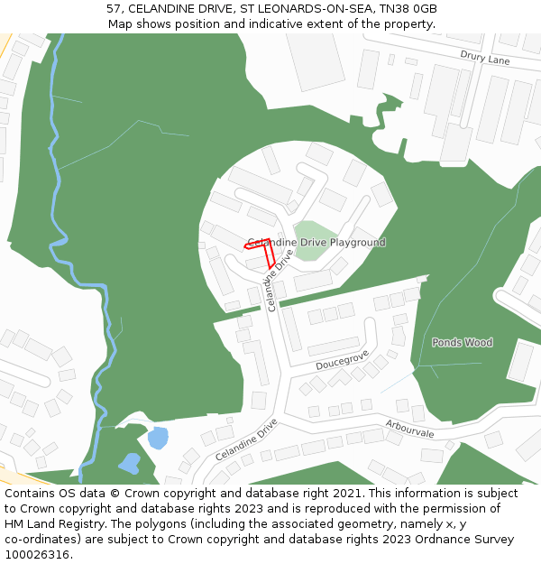 57, CELANDINE DRIVE, ST LEONARDS-ON-SEA, TN38 0GB: Location map and indicative extent of plot