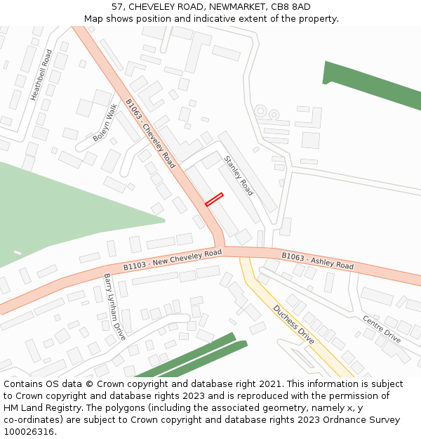 57, CHEVELEY ROAD, NEWMARKET, CB8 8AD: Location map and indicative extent of plot