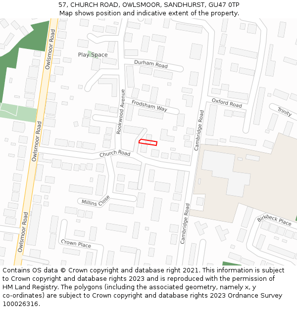 57, CHURCH ROAD, OWLSMOOR, SANDHURST, GU47 0TP: Location map and indicative extent of plot