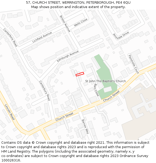 57, CHURCH STREET, WERRINGTON, PETERBOROUGH, PE4 6QU: Location map and indicative extent of plot