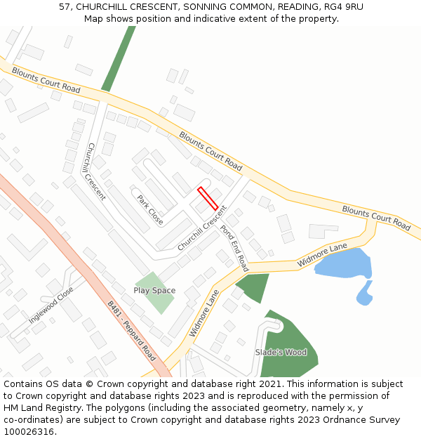 57, CHURCHILL CRESCENT, SONNING COMMON, READING, RG4 9RU: Location map and indicative extent of plot