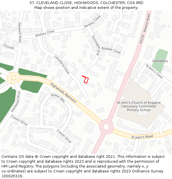 57, CLEVELAND CLOSE, HIGHWOODS, COLCHESTER, CO4 9RD: Location map and indicative extent of plot
