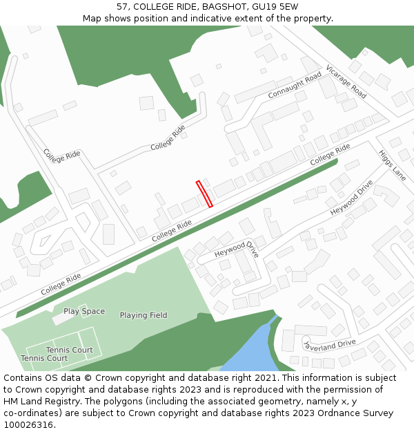 57, COLLEGE RIDE, BAGSHOT, GU19 5EW: Location map and indicative extent of plot