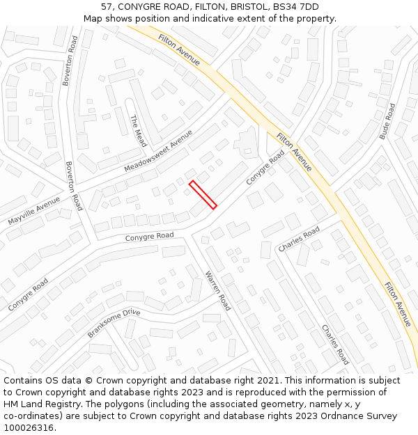 57, CONYGRE ROAD, FILTON, BRISTOL, BS34 7DD: Location map and indicative extent of plot
