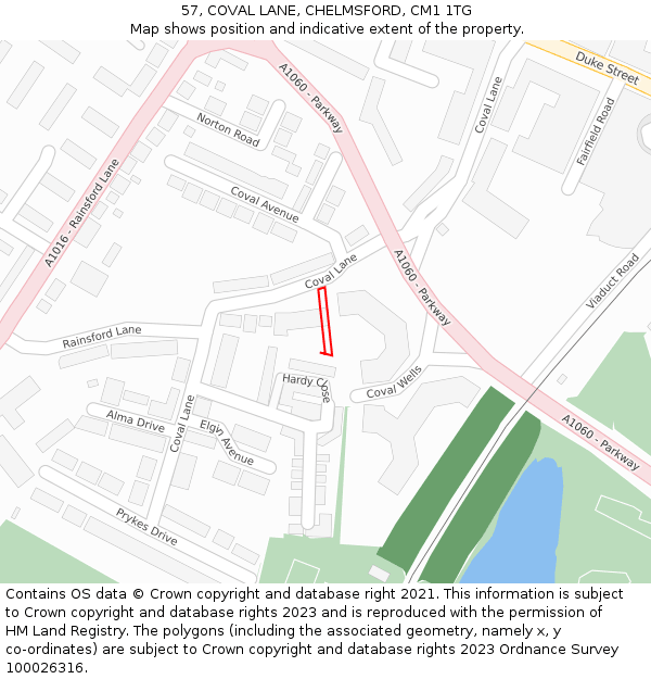57, COVAL LANE, CHELMSFORD, CM1 1TG: Location map and indicative extent of plot