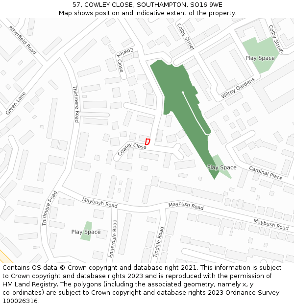 57, COWLEY CLOSE, SOUTHAMPTON, SO16 9WE: Location map and indicative extent of plot