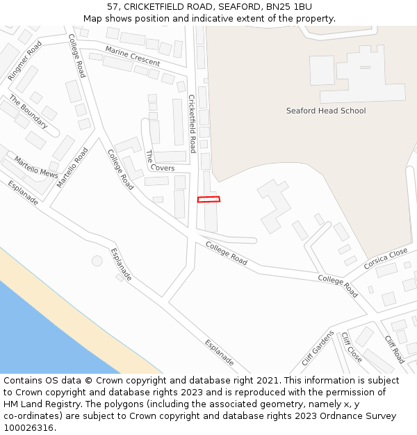 57, CRICKETFIELD ROAD, SEAFORD, BN25 1BU: Location map and indicative extent of plot