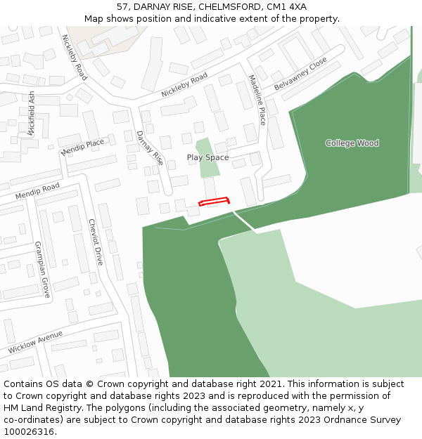 57, DARNAY RISE, CHELMSFORD, CM1 4XA: Location map and indicative extent of plot