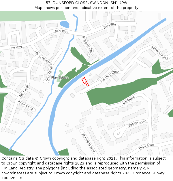 57, DUNSFORD CLOSE, SWINDON, SN1 4PW: Location map and indicative extent of plot