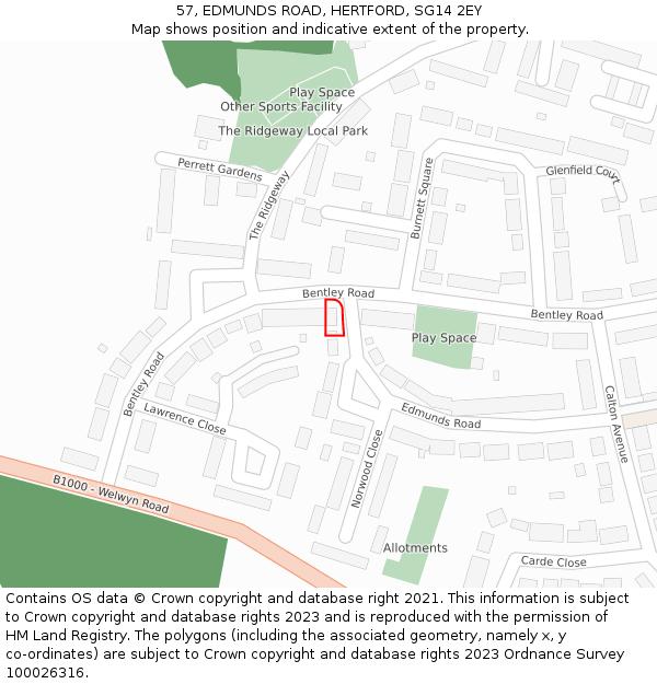 57, EDMUNDS ROAD, HERTFORD, SG14 2EY: Location map and indicative extent of plot