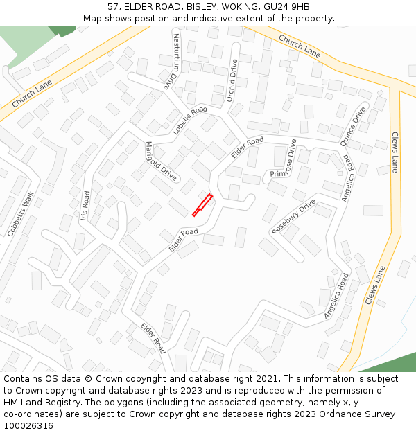 57, ELDER ROAD, BISLEY, WOKING, GU24 9HB: Location map and indicative extent of plot