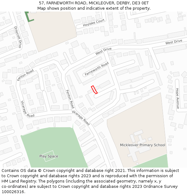 57, FARNEWORTH ROAD, MICKLEOVER, DERBY, DE3 0ET: Location map and indicative extent of plot