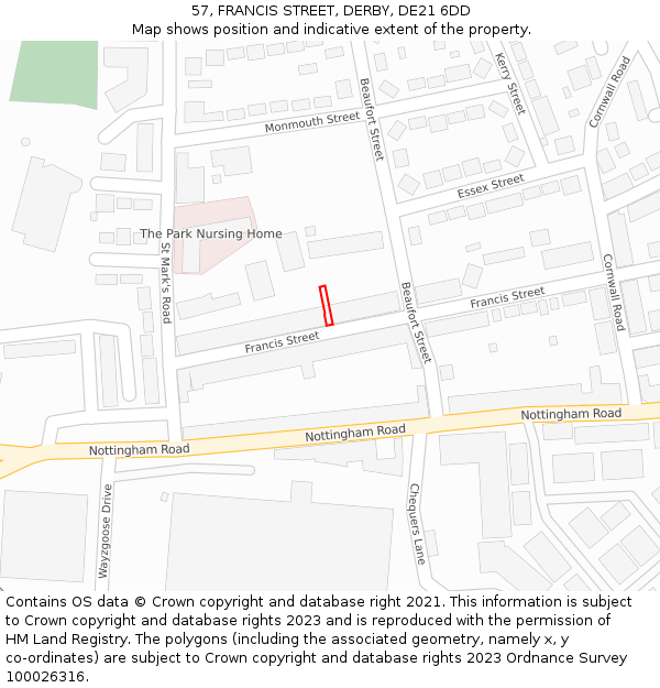 57, FRANCIS STREET, DERBY, DE21 6DD: Location map and indicative extent of plot