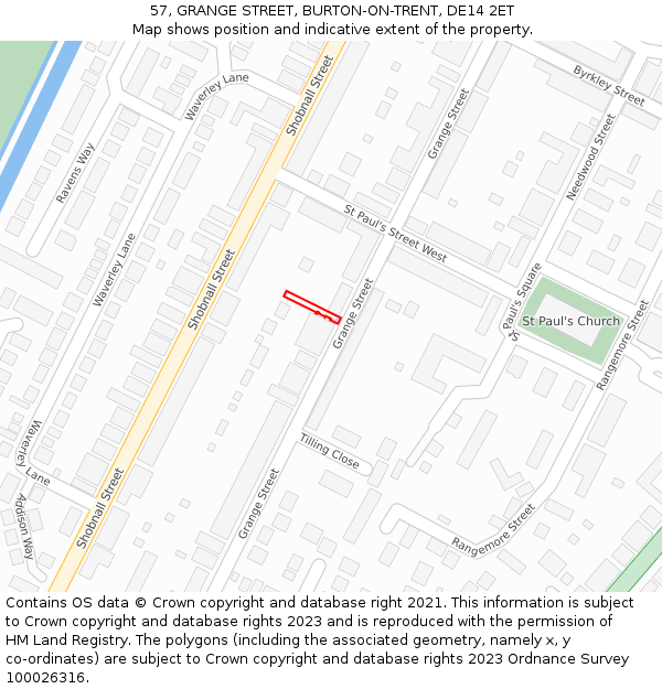 57, GRANGE STREET, BURTON-ON-TRENT, DE14 2ET: Location map and indicative extent of plot