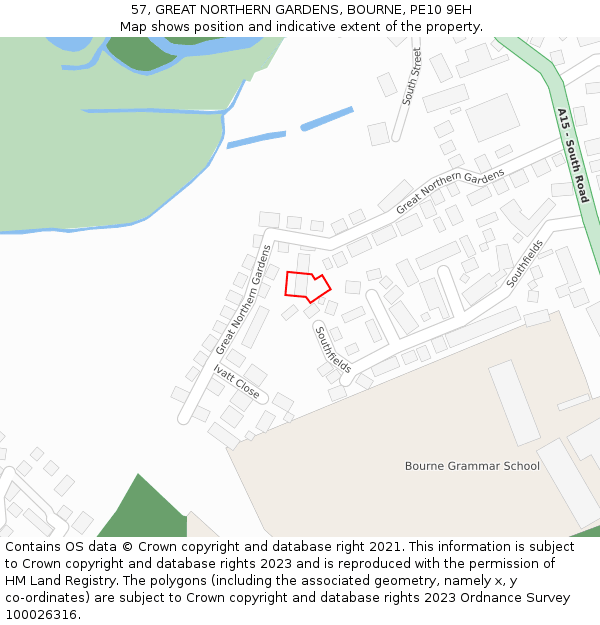 57, GREAT NORTHERN GARDENS, BOURNE, PE10 9EH: Location map and indicative extent of plot