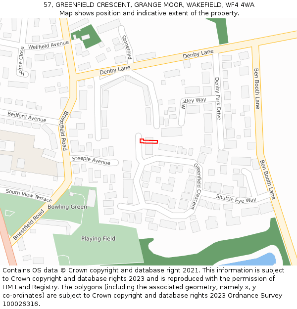 57, GREENFIELD CRESCENT, GRANGE MOOR, WAKEFIELD, WF4 4WA: Location map and indicative extent of plot