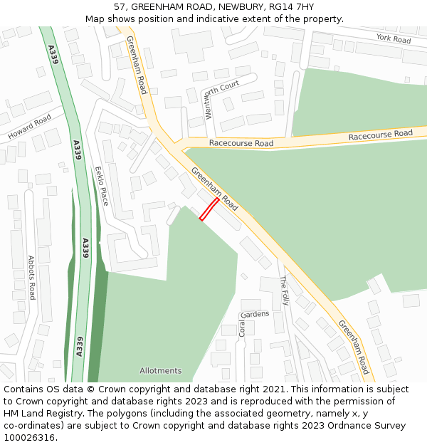 57, GREENHAM ROAD, NEWBURY, RG14 7HY: Location map and indicative extent of plot