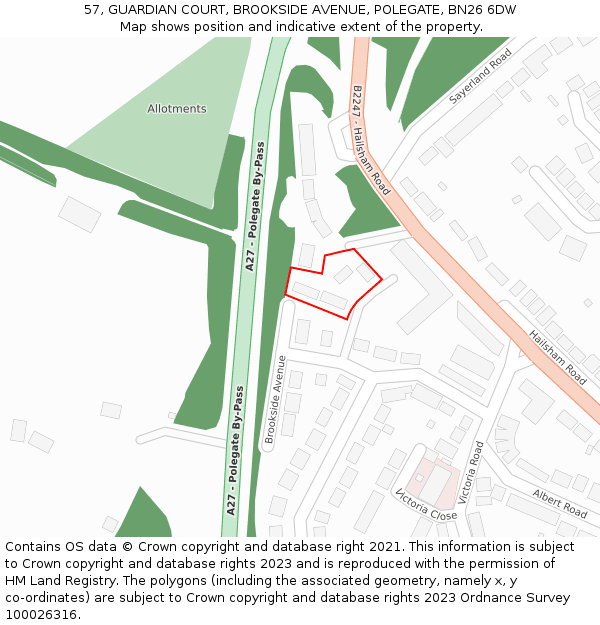 57, GUARDIAN COURT, BROOKSIDE AVENUE, POLEGATE, BN26 6DW: Location map and indicative extent of plot