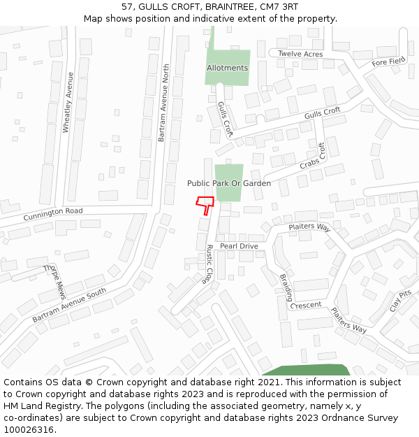 57, GULLS CROFT, BRAINTREE, CM7 3RT: Location map and indicative extent of plot