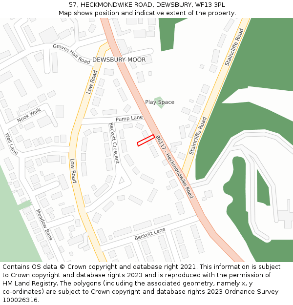 57, HECKMONDWIKE ROAD, DEWSBURY, WF13 3PL: Location map and indicative extent of plot