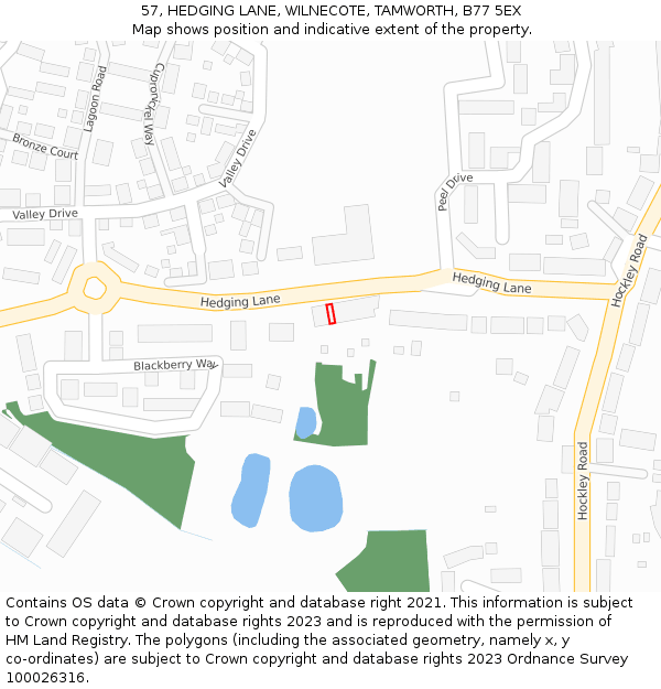 57, HEDGING LANE, WILNECOTE, TAMWORTH, B77 5EX: Location map and indicative extent of plot