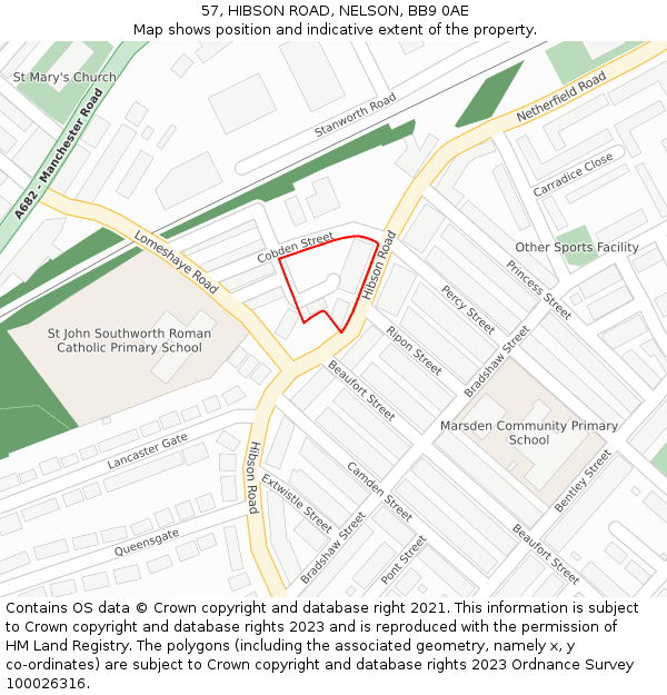 57, HIBSON ROAD, NELSON, BB9 0AE: Location map and indicative extent of plot