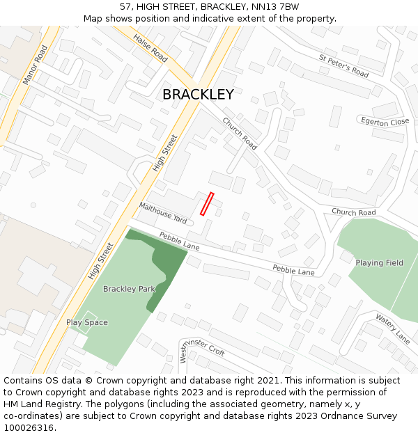 57, HIGH STREET, BRACKLEY, NN13 7BW: Location map and indicative extent of plot