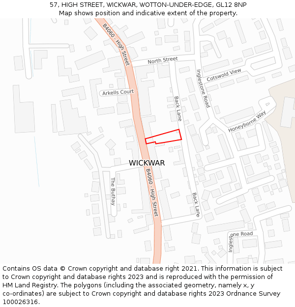 57, HIGH STREET, WICKWAR, WOTTON-UNDER-EDGE, GL12 8NP: Location map and indicative extent of plot