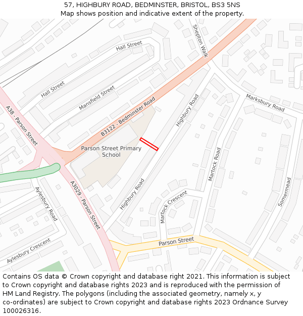 57, HIGHBURY ROAD, BEDMINSTER, BRISTOL, BS3 5NS: Location map and indicative extent of plot