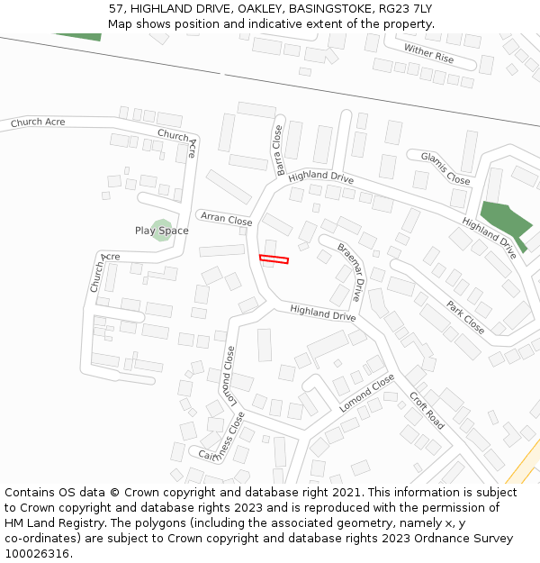 57, HIGHLAND DRIVE, OAKLEY, BASINGSTOKE, RG23 7LY: Location map and indicative extent of plot