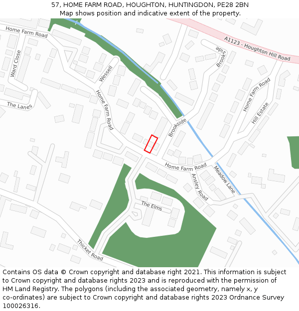 57, HOME FARM ROAD, HOUGHTON, HUNTINGDON, PE28 2BN: Location map and indicative extent of plot