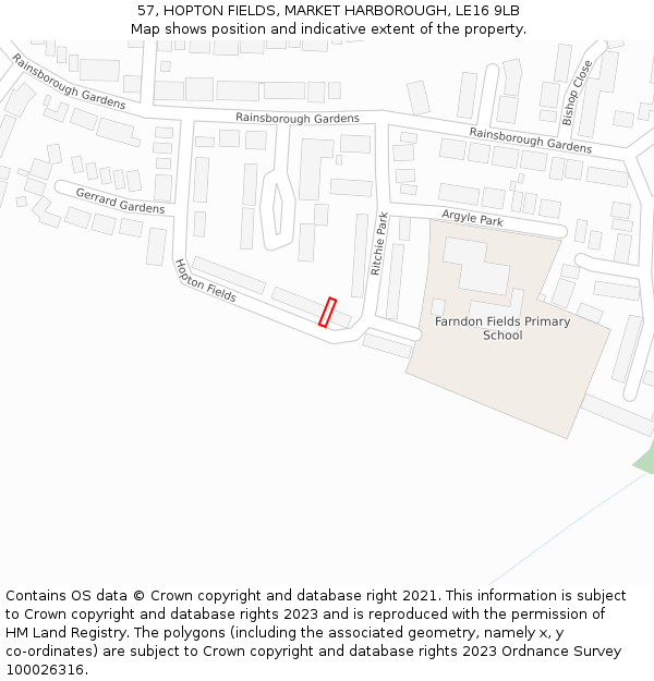 57, HOPTON FIELDS, MARKET HARBOROUGH, LE16 9LB: Location map and indicative extent of plot