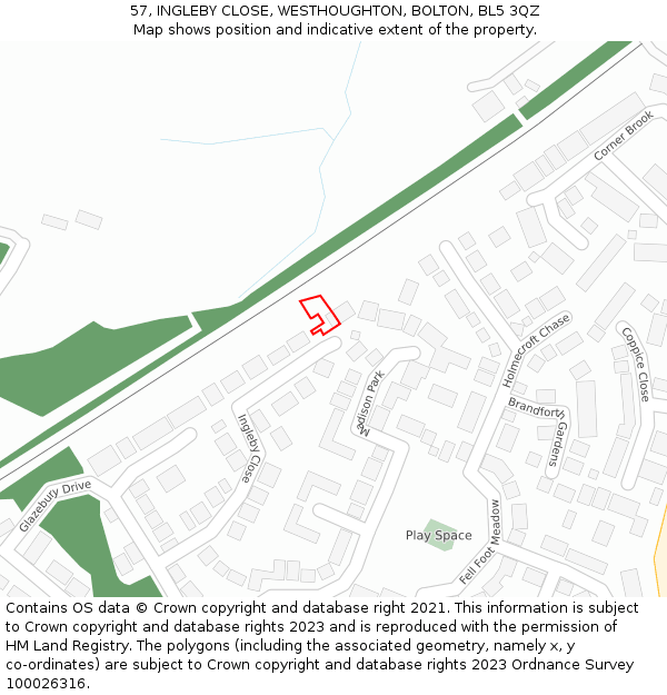 57, INGLEBY CLOSE, WESTHOUGHTON, BOLTON, BL5 3QZ: Location map and indicative extent of plot