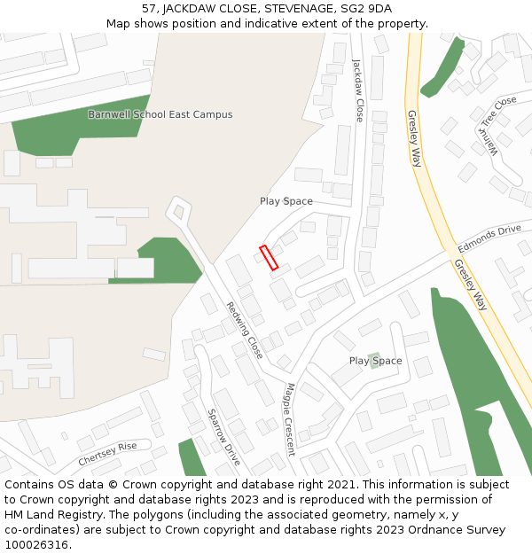 57, JACKDAW CLOSE, STEVENAGE, SG2 9DA: Location map and indicative extent of plot