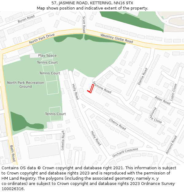 57, JASMINE ROAD, KETTERING, NN16 9TX: Location map and indicative extent of plot