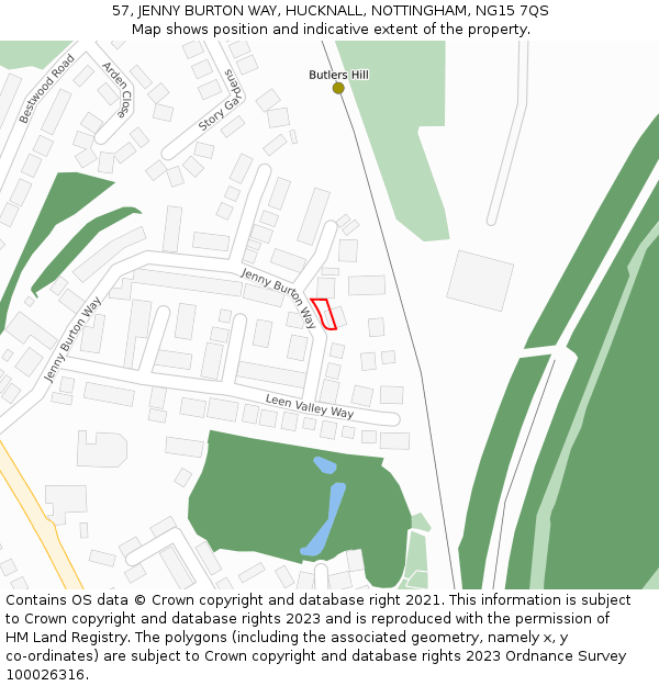 57, JENNY BURTON WAY, HUCKNALL, NOTTINGHAM, NG15 7QS: Location map and indicative extent of plot